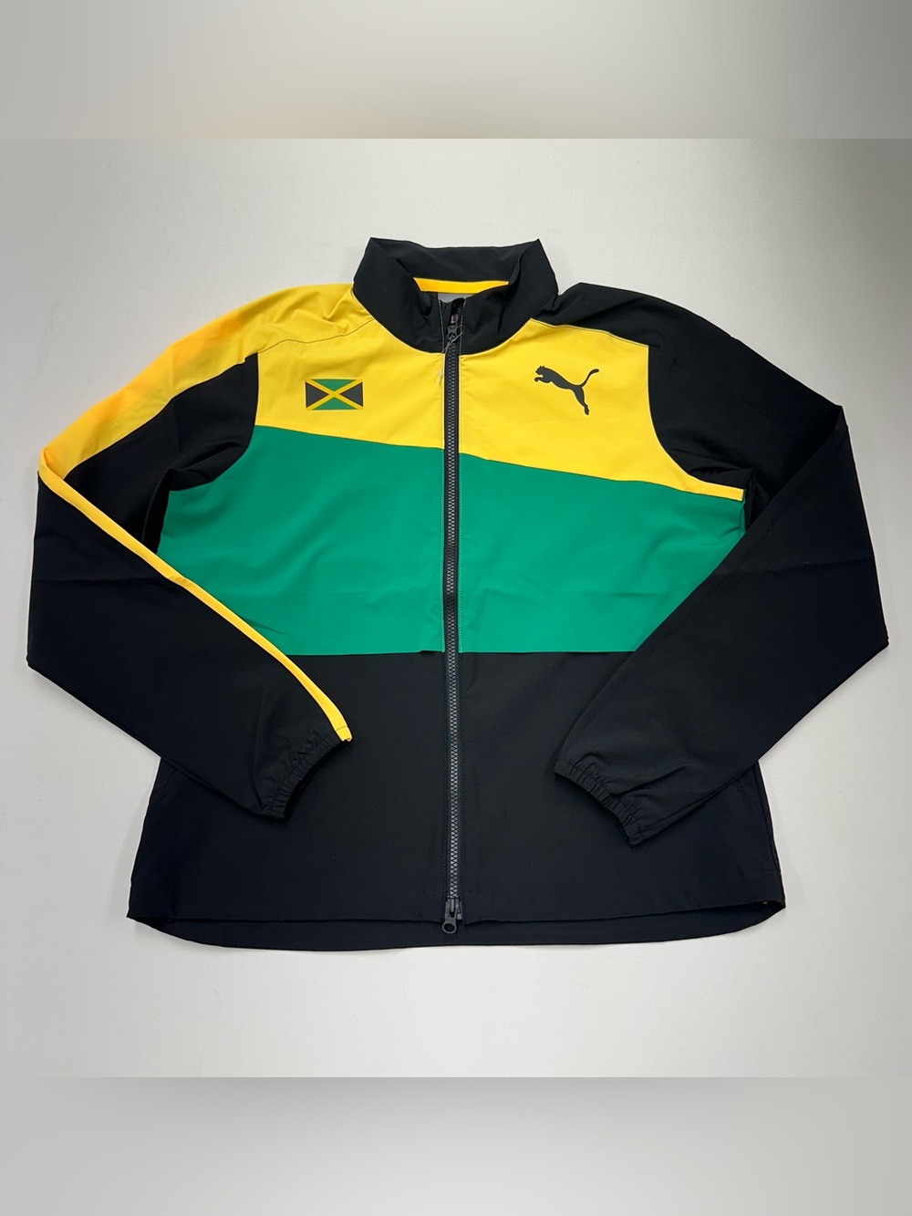 Puma Jamaica Track Jacket Women’s Medium Black Yellow Green Full Zip Windbreaker